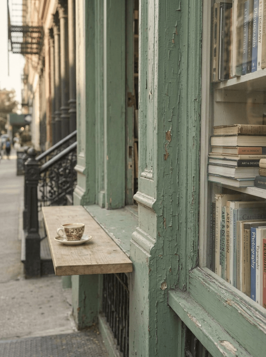 A neighborhood bookshop window with a coffee cup on its wooden counter