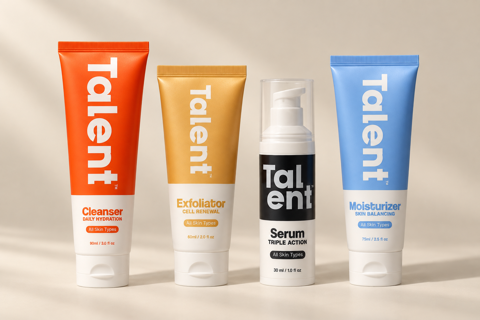 The Talent Kit arranged as cleanser, exfoliator, serum, and moisturizer