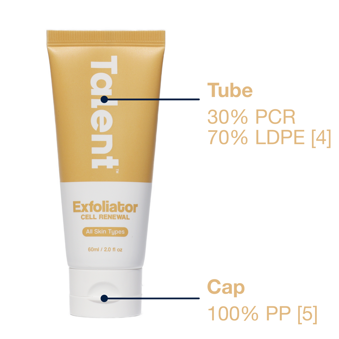 Break down of a recycled plastic tube packaging of the exfoliator