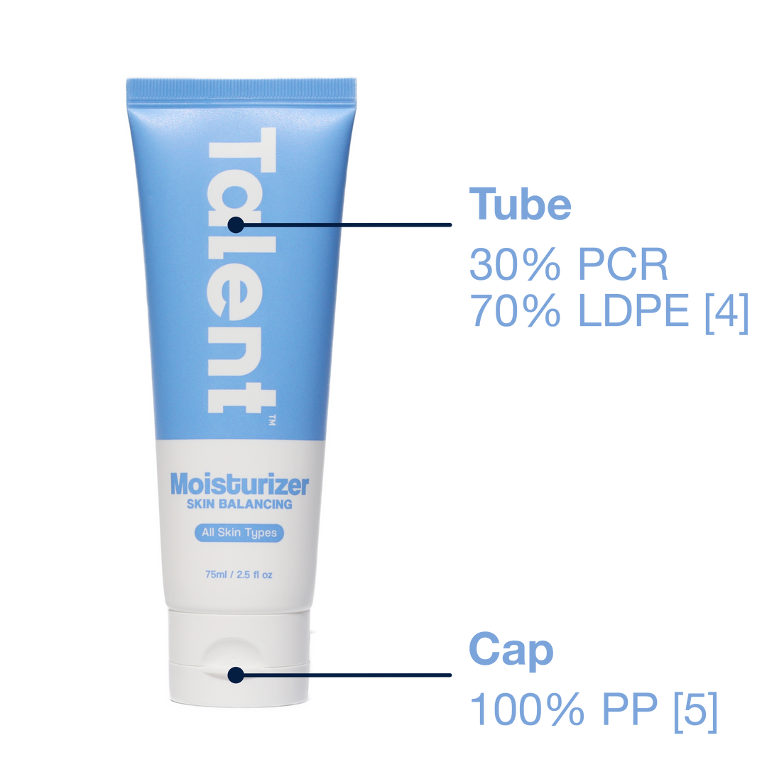 Break down of a recycled plastic tube packaging of the moisturizer