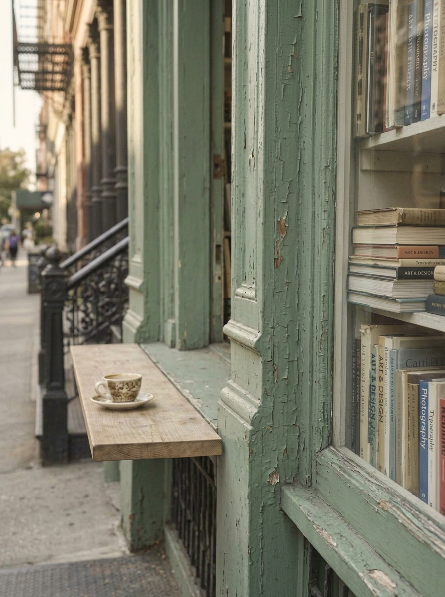A neighborhood bookshop window with a coffee cup on its wooden counter