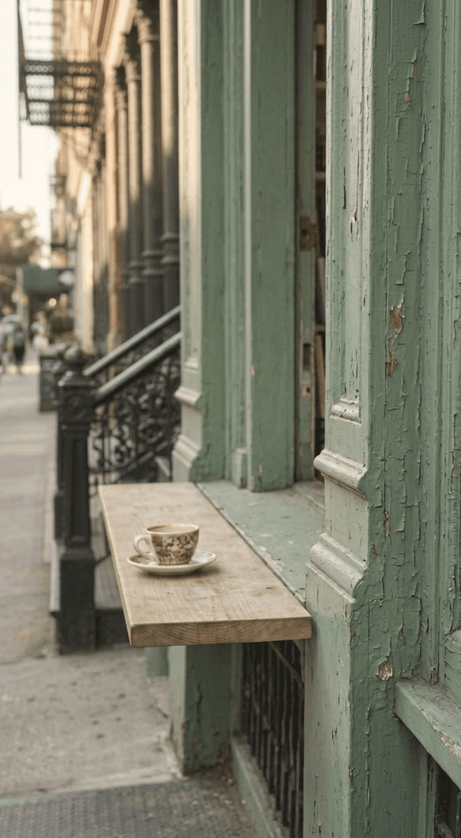 A neighborhood bookshop window with a coffee cup on its wooden counter