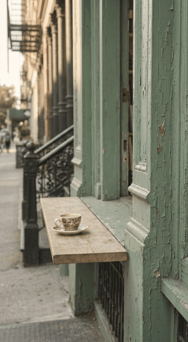 A neighborhood bookshop window with a coffee cup on its wooden counter
